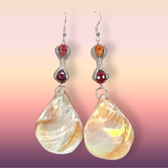 NEW Plated Red / Orange Agate & Abalone Shell Tropical Tentacle Drop Earrings - Picture 1 of 11